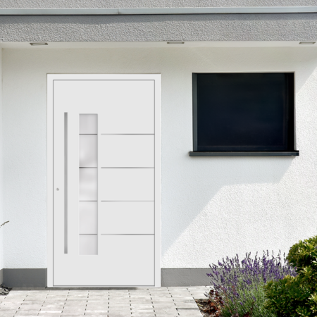 Moderne Hausfassade mit weißer Tür, dunklem Fenster und Garage.